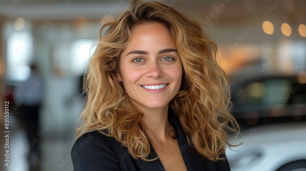 Car saleswoman latina stands in the salesroom of a car dealership and smiles into the camera. Car saleswoman latina stands in the salesroom of a car dealership and smiles into the camera.