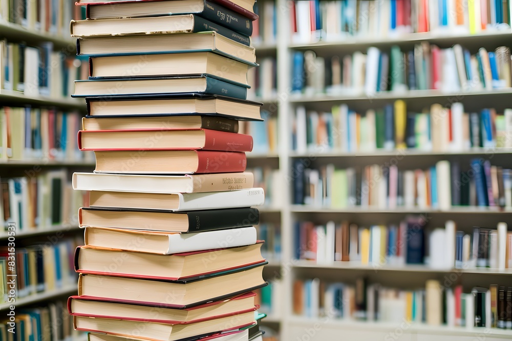 Tall stack of colorful books in calm, studious setting Tall stack of colorful books in calm, studious setting