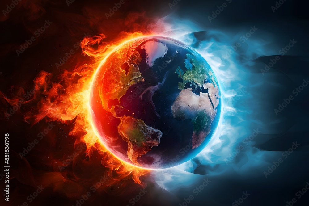 Fototapeta premium Earth split between fire and ice, warmth and cold, destruction and preservation
