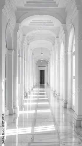 White marble columns and walls inside building.
