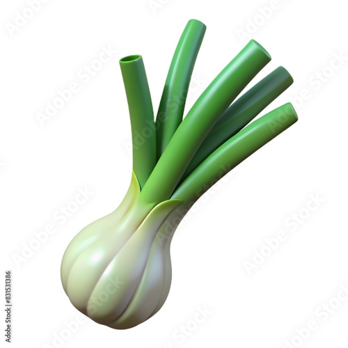 Fresh green leek from the farm, a flavorful ingredient for cooking Leek.  Culinary studio render of a single leek bulb.  Leek isolated on white background.