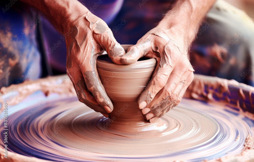 Male hands of a ceramist while working at a pottery wheel. A potter makes a cup on a potter's wheel. Male hands of a ceramist while working at a pottery wheel. A potter makes a cup on a potter's wheel.