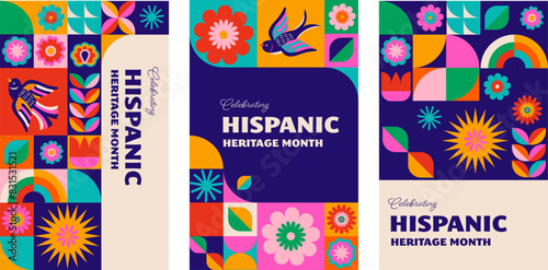 National hispanic heritage month celebration. Background, banner, story template design. Geometric colorful concept design floral pattern with flowers, flags and traditional decorations