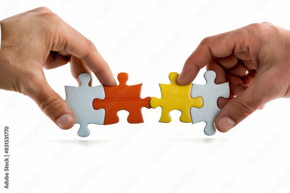 Two puzzle pieces being held together by two hands against white background. Two puzzle pieces being held together by two hands against white background.