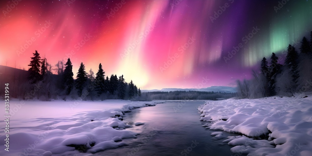 Vibrant green and purple aurora borealis lights up snowy scenery during intense solar storm. Concept Nature Photography, Night Sky, Aurora Borealis, Solar Storm, Winter Scenery