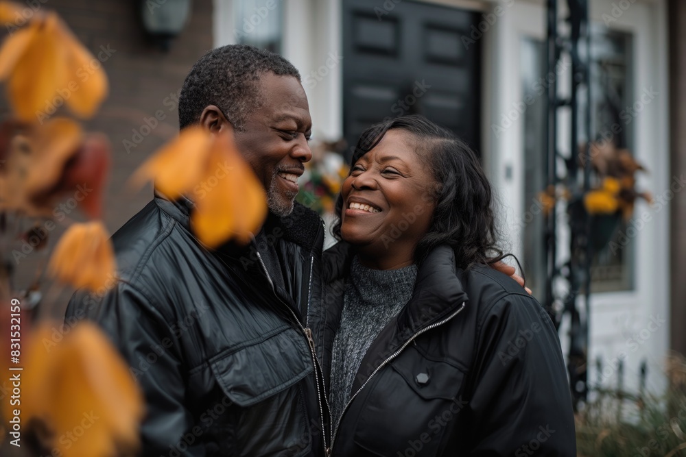 Black laughing couple talking and flirting together outdoors Black laughing couple talking and flirting together outdoors