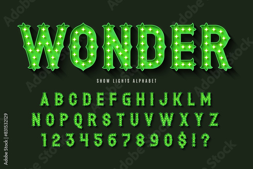 Retro circus alphabet design, cabaret, fairy LED lamps letters and numbers.
