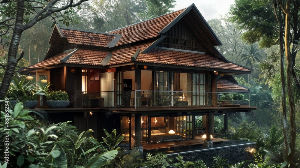 Traditional Architecture: Featuring traditional Kerala architecture with sloping roof tiles and intricately carved wooden details, the mountain house seamlessly blends with its natural surroundings Traditional Architecture: Featuring traditional Kerala architecture with sloping roof tiles and intricately carved wooden details, the mountain house seamlessly blends with its natural surroundings