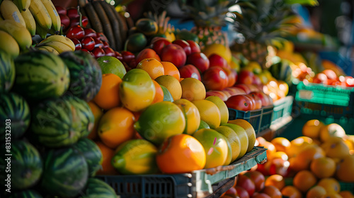 A large assortment of fruits and vegetables are displayed in a market