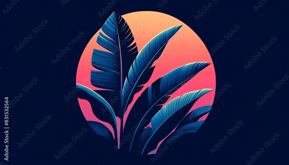 Tropical Leaves Against Sunset Gradient Background