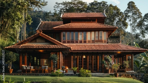 Traditional Architecture: Featuring traditional Kerala architecture with sloping roof tiles and intricately carved wooden details, the mountain house seamlessly blends with its natural surroundings photo