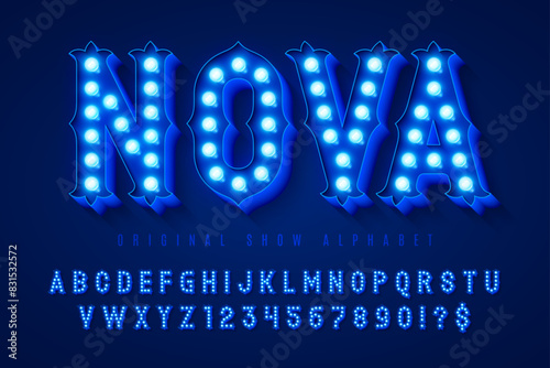 Retro circus alphabet design, cabaret, fairy LED lamps letters and numbers.