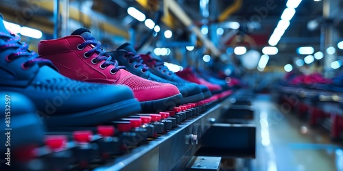 Efficient mass production of footwear in an automated shoe factory using advanced technology. Concept Automated Shoe Production, Footwear Manufacturing Efficiency, Advanced Technology in Shoemaking photo