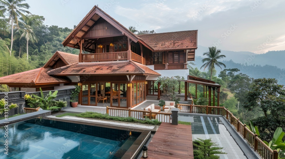 Traditional Architecture: Featuring traditional Kerala architecture with sloping roof tiles and intricately carved wooden details, the mountain house seamlessly blends with its natural surroundings