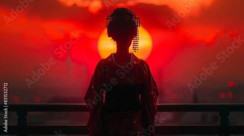 elegant geisha sunset, a geishas silhouette against the setting sun captures the enduring charm and enigma of japanese geisha tradition
