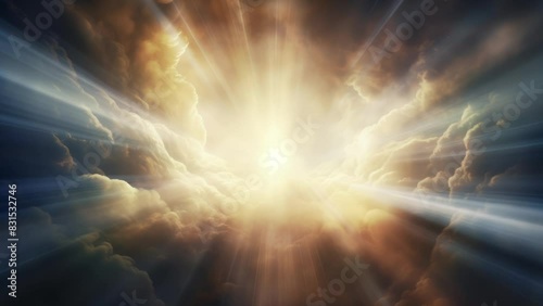 Beautiful sun rays shine through the clouds. Sunset. God light in heaven symbolizing divine presence, truth, spiritual illumination, God love and grace. Light beams blessing world with heavenly light