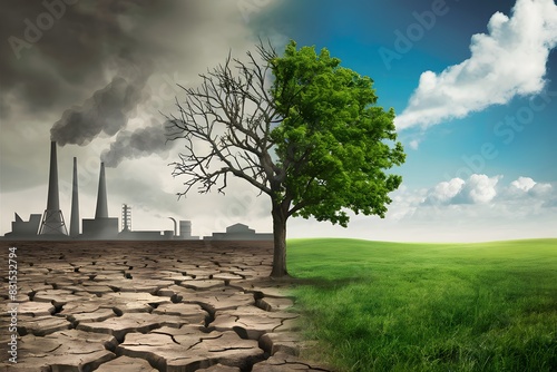 Barren, polluted side with cracked earth, leafless tree and factory smoke Lush, green meadow photo
