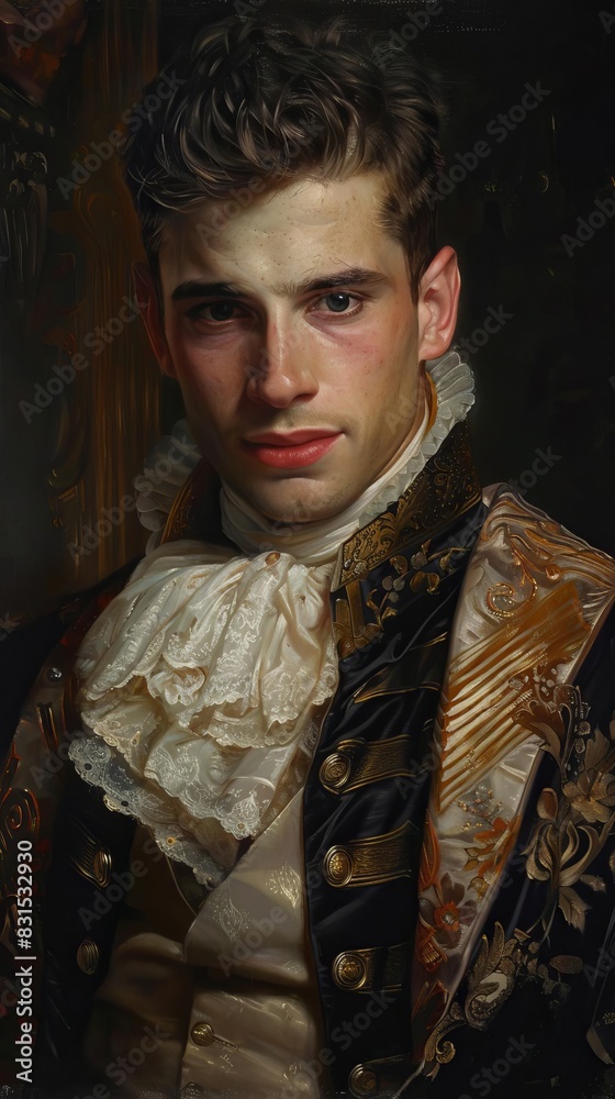 Fototapeta premium An intimate portrait of a man in Victorian attire, painted in the classical realism style, capturing the subtle expressions and fine details of his face and dress