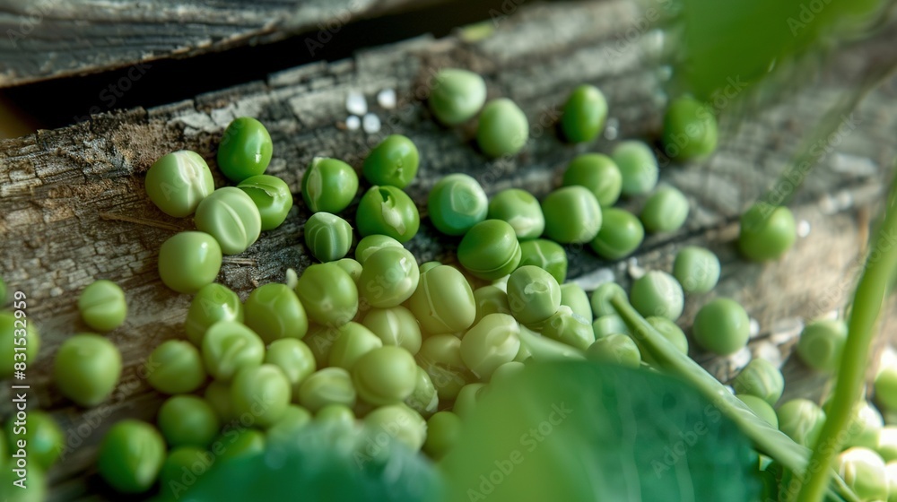 Green peas atop wooden plank near green plant on adjacent wooden plank Green peas atop wooden plank near green plant on adjacent wooden plank