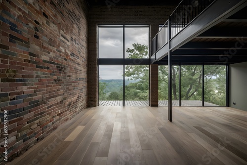 Serene and modern interior with brick wall, floor to ceiling window, and wooden floors
