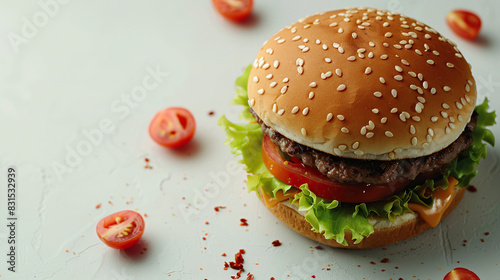 Wallpaper Mural Cinematic 4K Burger Feast. High-Quality Beef burger Imagery.Close up of tasty burger isolated on white tomatoes background.junk fast food. Torontodigital.ca