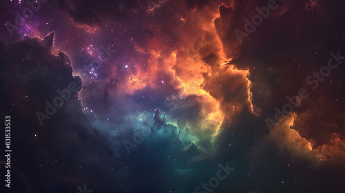 A colorful space scene with a rainbow of clouds and stars