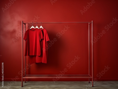 Red T-shirt hangs on rack against wall painted in deep shade of red. photo