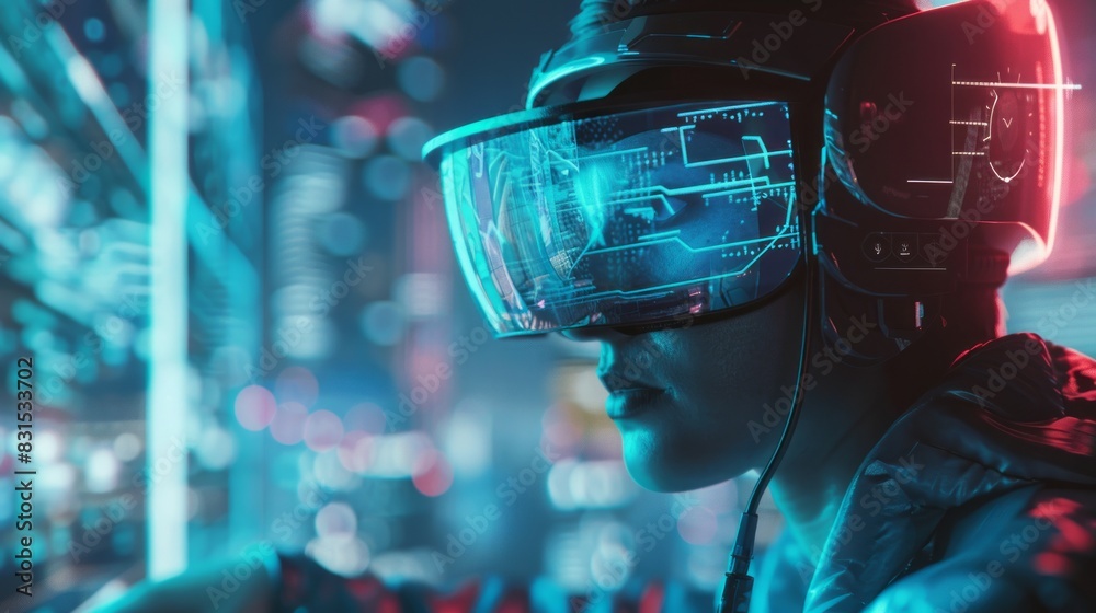 Man wears virtual reality glasses.