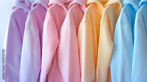 a row of five hooded sweatshirts in various pastel colors, arranged side by side. The colors transition from a deep purple on the left to blue, pink, orange, and finally yellow on the right photo