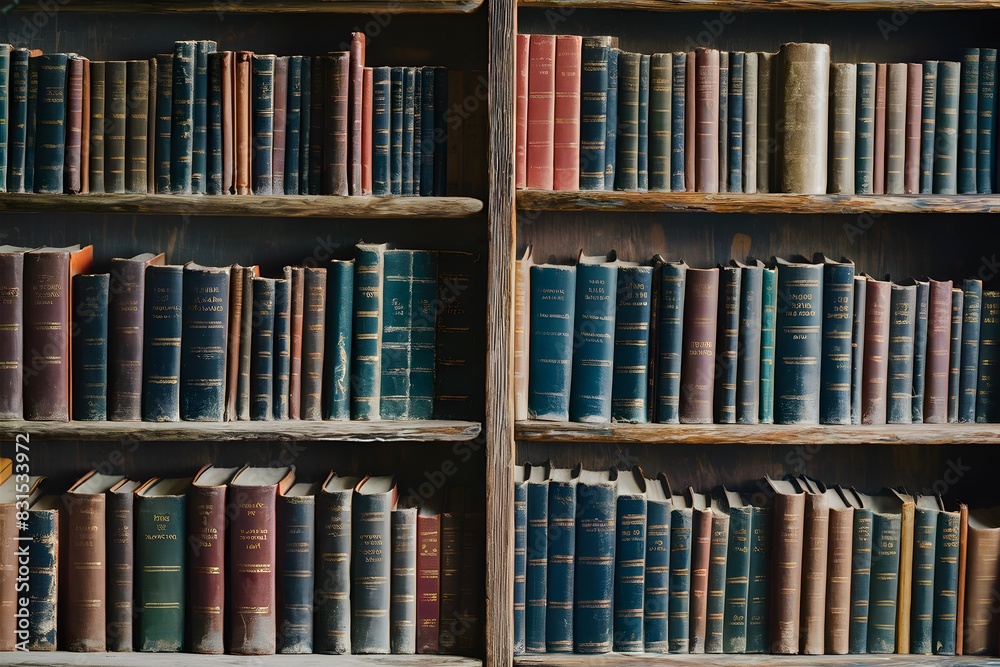 Ancient tomes on weathered bookshelf show enduring allure of literature in shadows Ancient tomes on weathered bookshelf show enduring allure of literature in shadows
