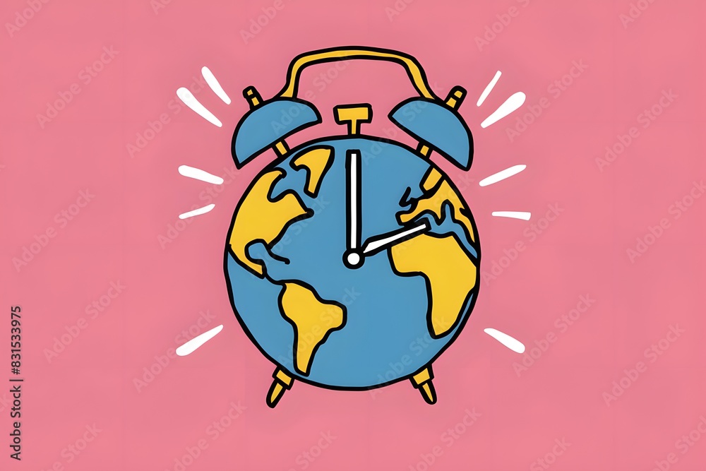 Whimsical Earth shaped alarm clock with ringing bell, blue with yellow continents on pink Whimsical Earth shaped alarm clock with ringing bell, blue with yellow continents on pink