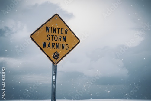 Yellow diamond road sign WINTER STORM WARNING with snowflake symbol against wintry sky