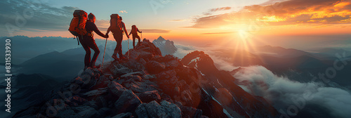 Panoramic view of team of people holding hands and helping each other reach the mountain top in spectacular mountain sunset landscape
 photo