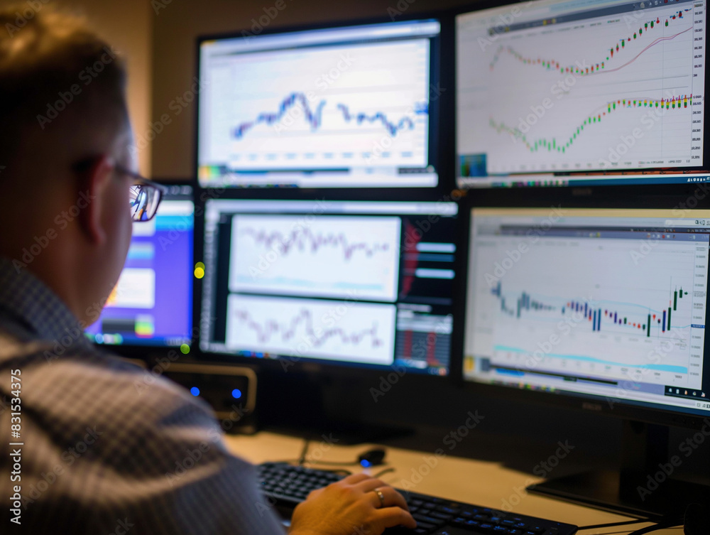Trader analyzing financial charts on multiple monitors in a modern office setup, showcasing stock market trends, data analytics, and professional trading environment. Trader analyzing financial charts on multiple monitors in a modern office setup, showcasing stock market trends, data analytics, and professional trading environment.
