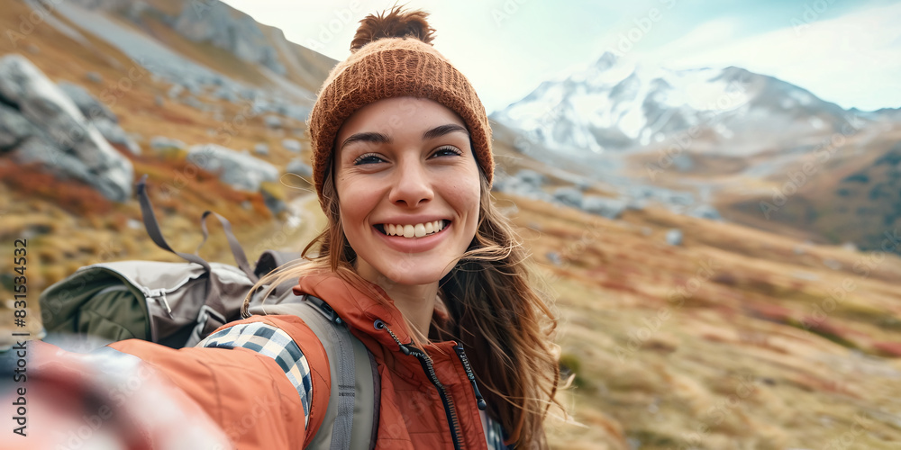 Woman enjoying her summer vacation in the mountains, taking a selfie and about to go climbing Woman enjoying her summer vacation in the mountains, taking a selfie and about to go climbing