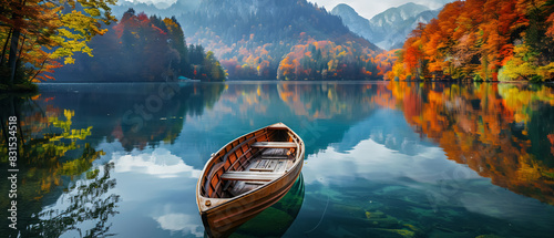 wooden boat on a large lake with trees and a beautiful view of the mountains - summer vacation concept - copy space