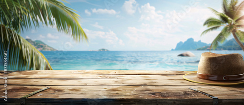 straw hat on a rustic wooden table and a background of a beautiful beach - summer vacation concept - copy space