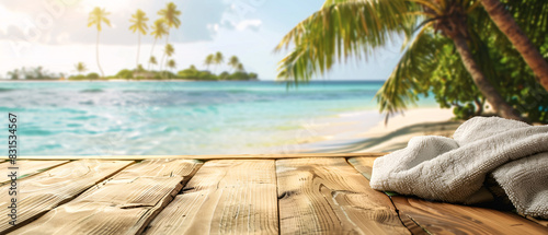 rustic wooden table with a towel on it, with a beautiful paradise beach in the background - summer vacation concept - copy space photo