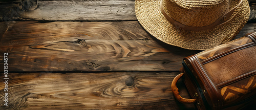 suitcase with a hat on a rustic wooden table - summer vacation concept - copy space photo