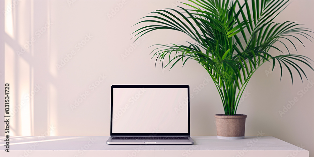 Laptop with blank screen next to a potted plant on a white desk Laptop with blank screen next to a potted plant on a white desk