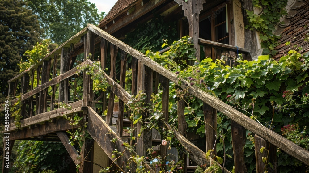 A rustic wooden balustrade with vines and flowers graces a charming countryside cottage. A rustic wooden balustrade with vines and flowers graces a charming countryside cottage.