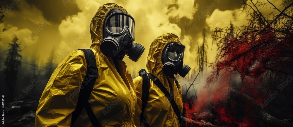 Two men in gas mask and biohazard suit standing in ruins. Two men in gas mask and biohazard suit standing in ruins.