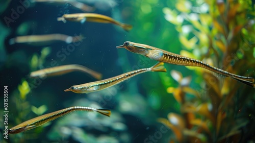 Group of pipefish swimming underwater in an aquatic environment photo