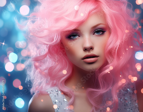Beautiful pink haired young woman in a night club with sparkles and glitter. Party glitter girl.	