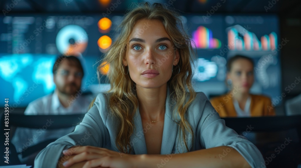Fototapeta premium business presentation, a forward-thinking european female entrepreneur presenting a new product in a sleek boardroom with multimedia, minimalistic design accentuating the key points to potential