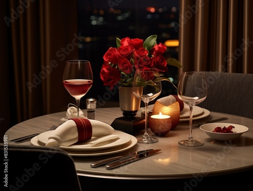 Table set with red roses and candles, table set with vase of roses candle wine glasses and bowl of fruit.