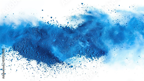 Blue color powder explosion ,Blue powder particles splatter on white blackground., Abstract closeup dust on backdrop, Colorful dust explode. holi, 