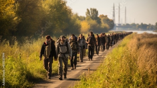A long line of people with backpacks walking on a grassy path by a river, suggesting a journey or pilgrimage photo