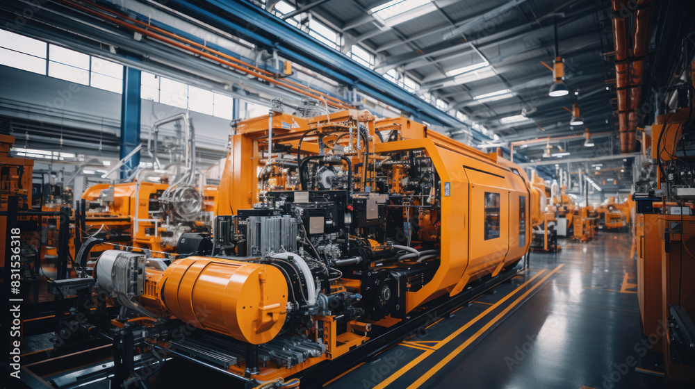 A high-quality image of advanced machinery with vibrant orange hues inside a modern industrial factory A high-quality image of advanced machinery with vibrant orange hues inside a modern industrial factory