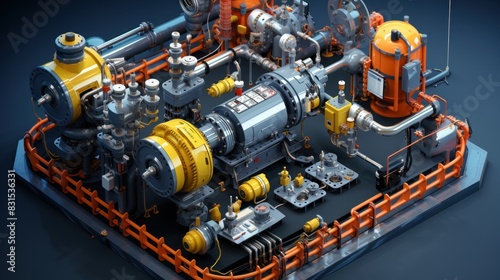 Detailed isometric view of industrial piping and machinery with vivid colors and intricate design elements